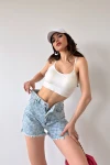 Mavi Paçası Püsküllü Desenli Denim Şort BCDF-243306-1