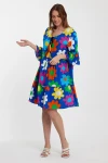 Maxi Boy Saks Bisiklet Yaka Çiçek Desenli Dokuma Elbise BCVL-245490