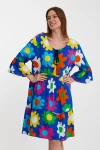Maxi Boy Saks Bisiklet Yaka Çiçek Desenli Dokuma Elbise BCVL-245490