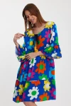 Maxi Boy Saks Bisiklet Yaka Çiçek Desenli Dokuma Elbise BCVL-245490
