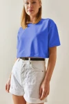 Saks Bisiklet Yaka Oversize Pamuklu Crop T-Shirt BC241116