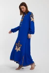 Maxi Boy Saks Nakış İşlemeli Uzun Boy Dokuma Elbise BCVL-241026