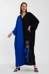 Maxi Boy Saks V Yaka Nakış İşlemeli Renk Bloklu Uzun Boy Gömlek Elbise BCVL-24958