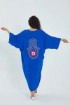 Maxi Boy Saks V Yaka Sırtı Nakışlı Oversize Uzun Dokuma Gömlek Elbise BCVL-24906