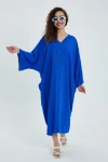 Maxi Boy Saks V Yaka Sırtı Nakışlı Oversize Uzun Dokuma Gömlek Elbise BCVL-24906