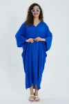 Maxi Boy Saks V Yaka Sırtı Nakışlı Oversize Uzun Dokuma Gömlek Elbise BCVL-24906