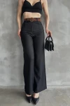 Siyah Beli Kemerli Keten Pantolon BCDF-241103