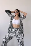 Siyah Beyaz Desenli Krinkle Kumaş Pantolon Ve Kimono Alt Üst Takım BCDF-241201