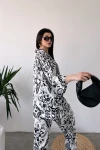 Siyah Beyaz Desenli Krinkle Kumaş Pantolon Ve Kimono Alt Üst Takım BCDF-241201
