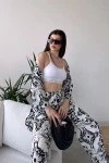 Siyah Beyaz Desenli Krinkle Kumaş Pantolon Ve Kimono Alt Üst Takım BCDF-241201