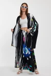 Maxi Boy Siyah Desenli Pantolon Ve Uzun Kimono Dokuma Alt Üst Takım BCVL-24976