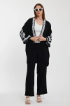 Maxi Boy Siyah Nakış İşlemeli Alt Üst Kimono Pantolon Takım BCVL-24950
