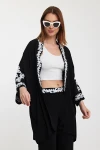 Maxi Boy Siyah Nakış İşlemeli Alt Üst Kimono Pantolon Takım BCVL-24950