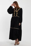Maxi Boy Siyah Nakış İşlemeli Uzun Boy Dokuma Elbise BCVL-241005