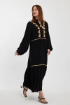Maxi Boy Siyah Nakış İşlemeli Uzun Boy Dokuma Elbise BCVL-241005
