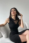 Siyah Tül Detaylı Derin Yırtmaçlı Elbise BCDF-241055