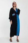 Maxi Boy Siyah V Yaka Nakış İşlemeli Renk Bloklu Uzun Boy Gömlek Elbise BCVL-24990