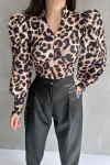Bej Hakim Yaka Leopar Desenli Dalgıç Bluz BCDF-242147