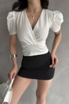 Beyaz Kruvaze Yaka Karpuz Kol Crep Bluz BCDF-252165