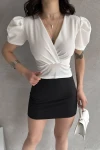 Beyaz Kruvaze Yaka Karpuz Kol Crep Bluz BCDF-252165