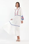 Maxi Boy Beyaz Nakış İşlemeli Dokuma Viscon Elbise BCVL-25967