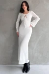 Beyaz Önü Bağcık Detaylı Maxi Boy Elbise BCDF-252151