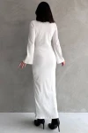 Beyaz Önü Bağcık Detaylı Maxi Boy Elbise BCDF-252151