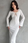 Beyaz Önü Bağcık Detaylı Maxi Boy Elbise BCDF-252151