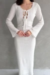 Beyaz Önü Bağcık Detaylı Maxi Boy Elbise BCDF-252151