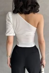 Beyaz Tek Omuz Prenses Kol Crep Bluz BCDF-252159
