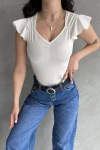 Beyaz V Yaka Omuzu Volan Detaylı Crep Bluz BCDF-252168