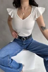 Beyaz V Yaka Omuzu Volan Detaylı Crep Bluz BCDF-252168
