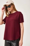 Bordo Bisiklet Yaka Oys Modal Oval Kesim Yumuşak Dokulu Basic T-Shirt BC241115