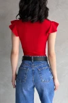 Bordo V Yaka Omuzu Volan Detaylı Crep Bluz BCDF-252168