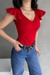Bordo V Yaka Omuzu Volan Detaylı Crep Bluz BCDF-252168