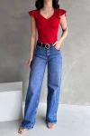 Bordo V Yaka Omuzu Volan Detaylı Crep Bluz BCDF-252168