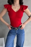 Bordo V Yaka Omuzu Volan Detaylı Crep Bluz BCDF-252168