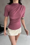 Gül Kurusu Kısa Kol Drapeli Sandy Bluz BCDF-252166