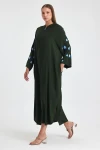 Maxi Boy Haki Kapüşonlu Nakış İşlemeli Örme Viscon Elbise BCVL-25981