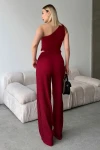 Bordo Tek Omuz Dekolteli Yumuşak Dokulu Bluz Ve Palazzo Pantolon Alt Üst Takım BCZK-25SA326-SA327
