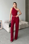 Bordo Tek Omuz Dekolteli Yumuşak Dokulu Bluz Ve Palazzo Pantolon Alt Üst Takım BCZK-25SA326-SA327