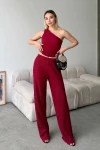 Bordo Tek Omuz Dekolteli Yumuşak Dokulu Bluz Ve Palazzo Pantolon Alt Üst Takım BCZK-25SA326-SA327