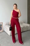 Bordo Tek Omuz Dekolteli Yumuşak Dokulu Bluz Ve Palazzo Pantolon Alt Üst Takım BCZK-25SA326-SA327