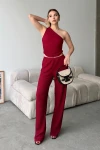 Bordo Tek Omuz Dekolteli Yumuşak Dokulu Bluz Ve Palazzo Pantolon Alt Üst Takım BCZK-25SA326-SA327