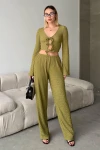 Yağ Yeşili Önü Bağlamalı Yumuşak Dokulu Bluz Ve Palazzo Pantolon Alt Üst Takım BCZK-25SA326-SA335