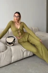 Yağ Yeşili Önü Bağlamalı Yumuşak Dokulu Bluz Ve Palazzo Pantolon Alt Üst Takım BCZK-25SA326-SA335