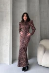 Kahverengi Sırt Dekolteli Leopar Desenli Elbise BCDF-242146
