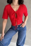 Kırmızı V Yaka Önü Bağlamalı Gofre Crop Bluz BCDF-252169