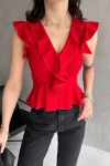 Kırmızı Yakası Ve Kolları Volanlı Crep Bluz BCDF-252161
