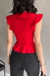 Kırmızı Yakası Ve Kolları Volanlı Crep Bluz BCDF-252161